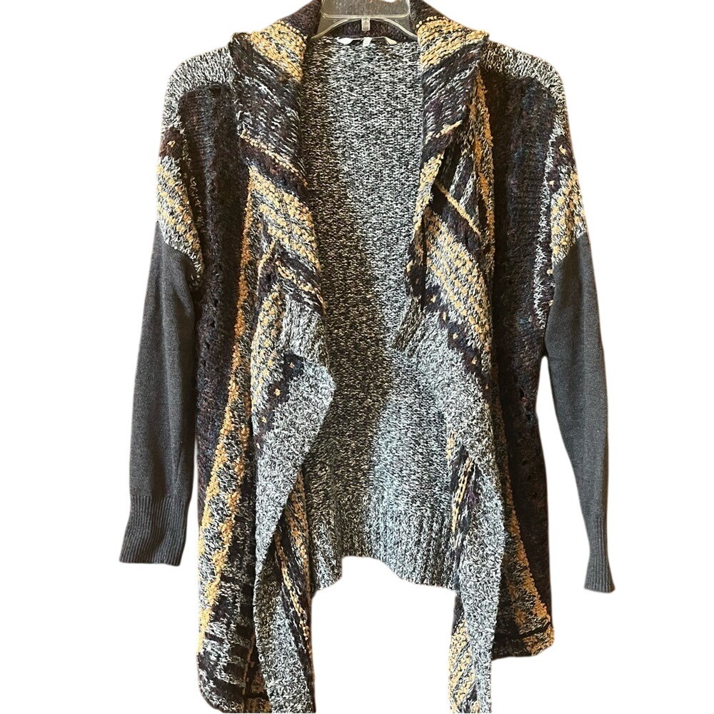 BKE Womens Mixed Knit Open Front‎ Cardigan Grey Geometric Waterfall Sweater